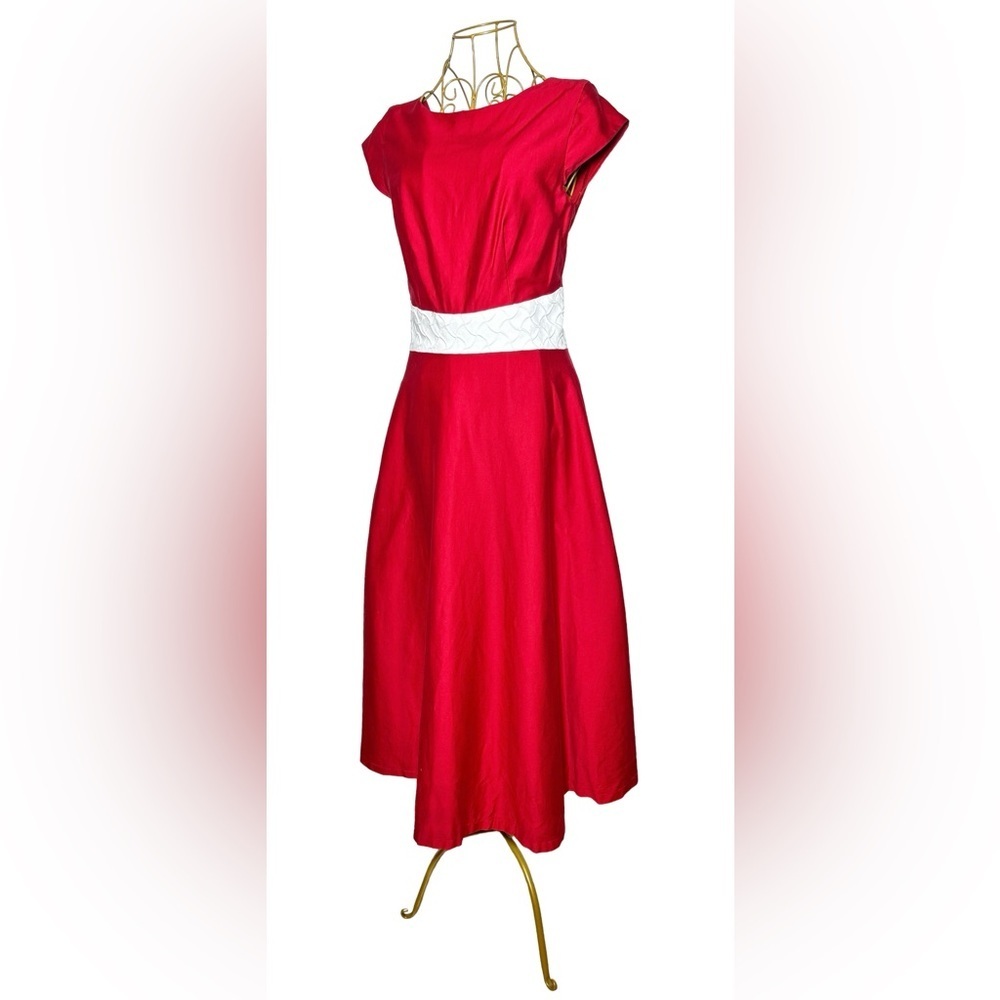 Handcrafted Red A-Line Midi Dress w/ Cap Sleeves, White Waistband, & Back Zip, S
